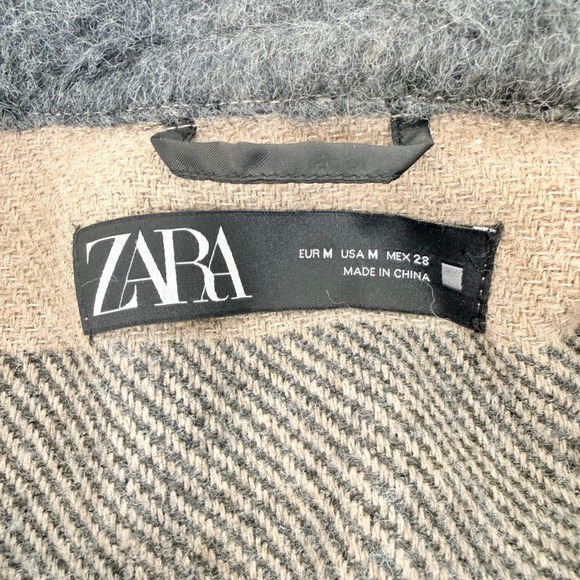 ZARA Oversized Plaid Shacket Jacket Size M Wool Blend Fringe Back Neutral Cozy - Picture 10 of 14